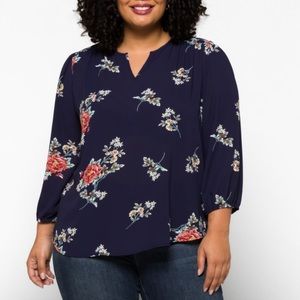 Stitch Fix Fun 2 Fun Kinny Split Neck Smocked Shoulder Blouse Navy Floral 1X